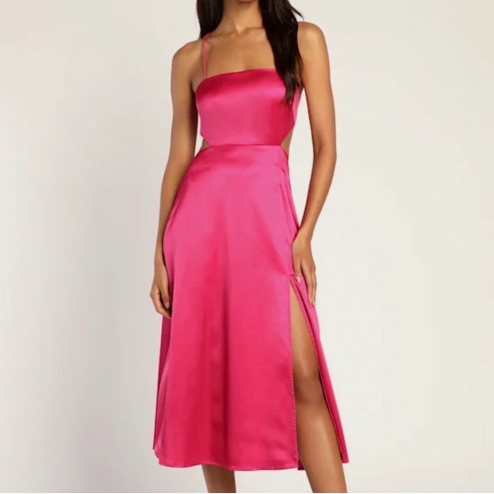 Lulu's Striking Sight Magenta Satin Cut Out Lace-Up Midi Dress